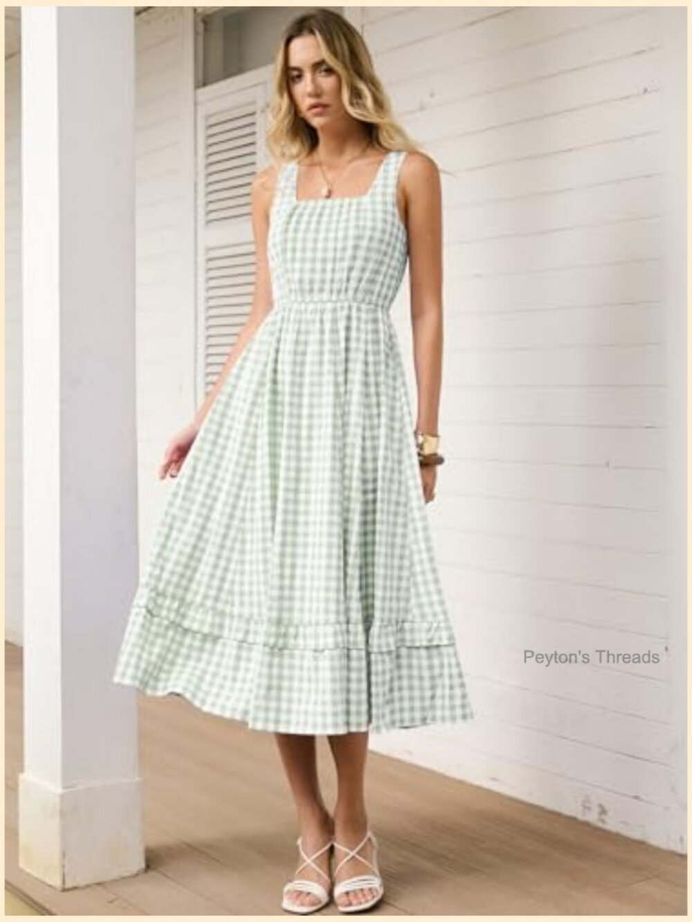 Womens Summer Casual Gingham Plaid Midi Dress Sleeveless Square Neck Flowy with - Picture 4 of 7